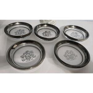 VINTAGE MCM QUEEN'S LUSTERWARE 25TH ANNIVERSARY 5 COASTERS & Bell